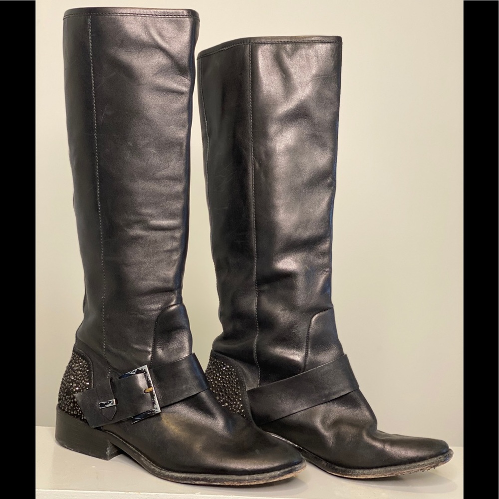 B Brian Atwood Black Rhinestone Buckle Boot 8 1/2